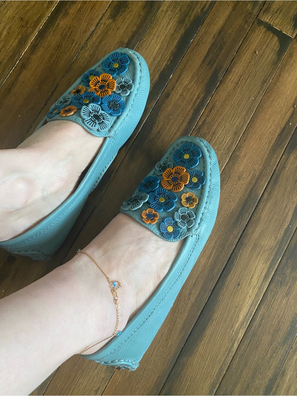 Coach Teal Floral Appliqué Leather Loafers
